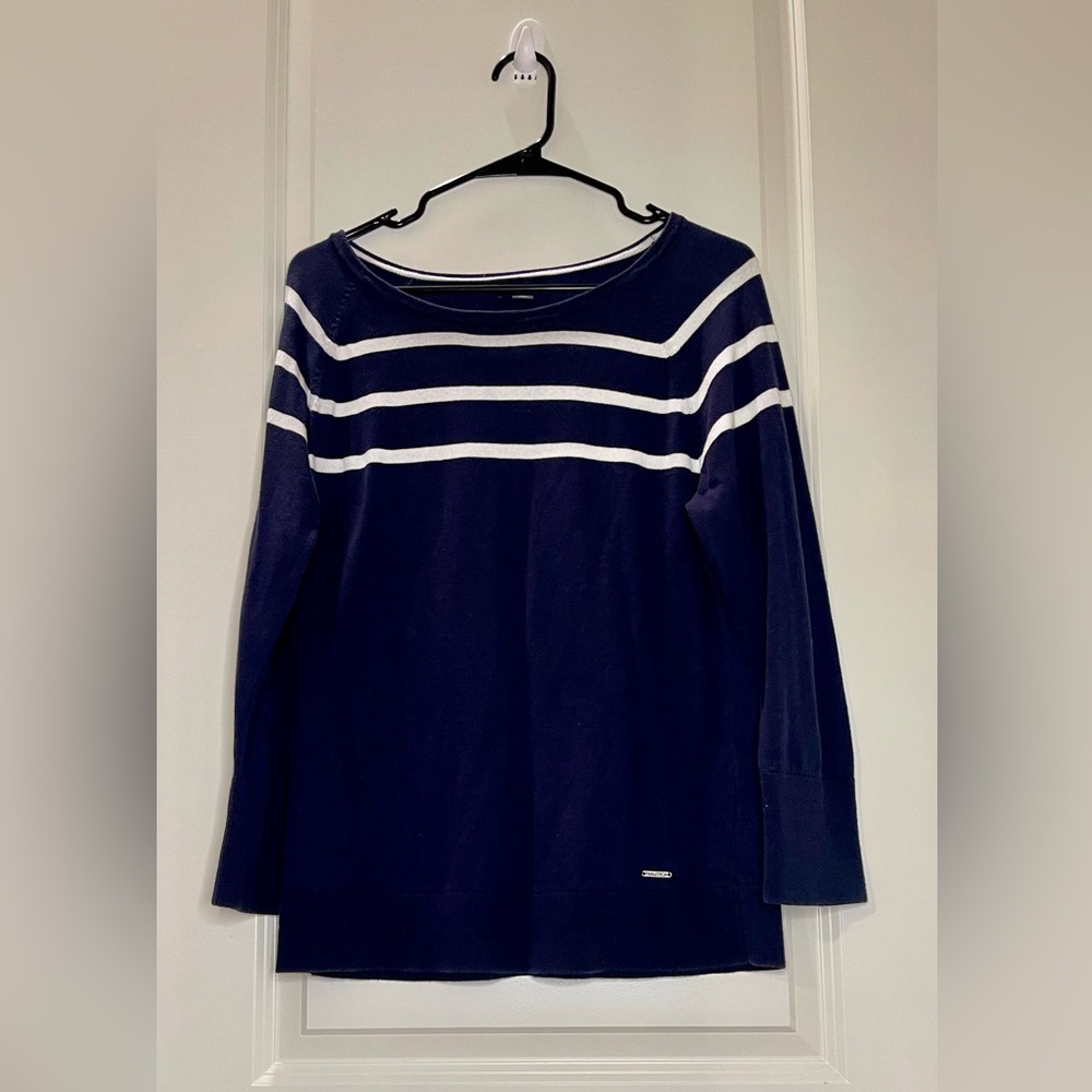 Nautica Navy and White Striped Boatneck Long Sleeve Top 100% Cotton Size L